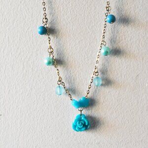 Handmade Blue Rose Beaded Necklace Upcycled Jewelry